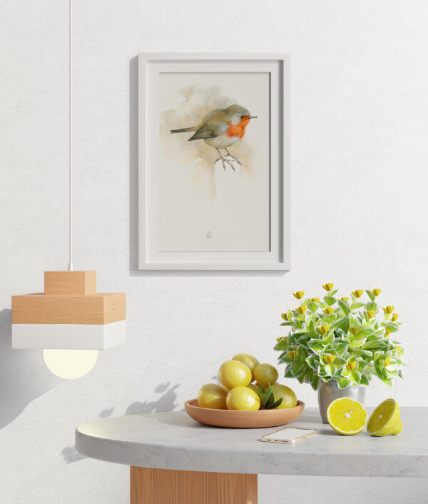 mockup of framed watercolour of robin